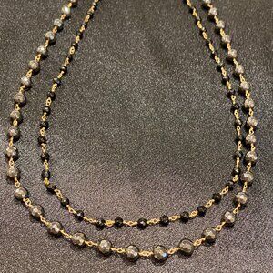 Black Onyx and Hematite Beaded Necklace Gold Tone Wire